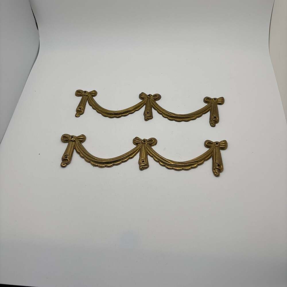 SOLD Pair of Vintage Brass Ribbon bow Wall Hanging Decor  Regency Toppers SOLD